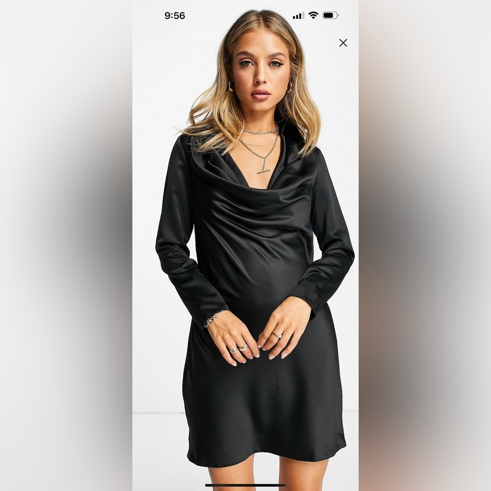 River island satin cowl shirt mini dress in black